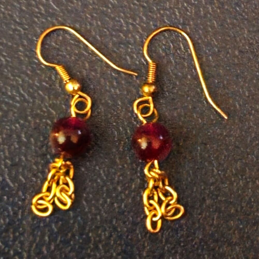Gold Tone Hook Dangle/Drop Earrings Red Round Bead Chain Tassel Drops